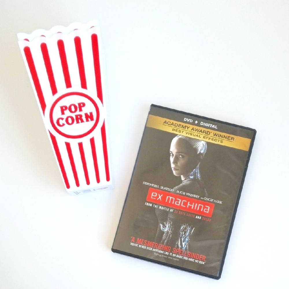 Ex Machina DVD Movie With 2 New Reusable Popcorn Containers